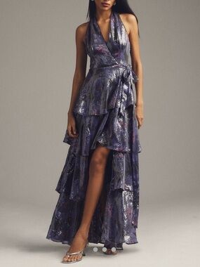 Hutch Metallic Purple Halter High-Low Ruffle Wrap Dress